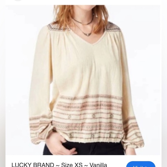 Lucky Brand gauzy peasant v neck blouse cream embroidered linen blend Medium - Picture 2 of 8